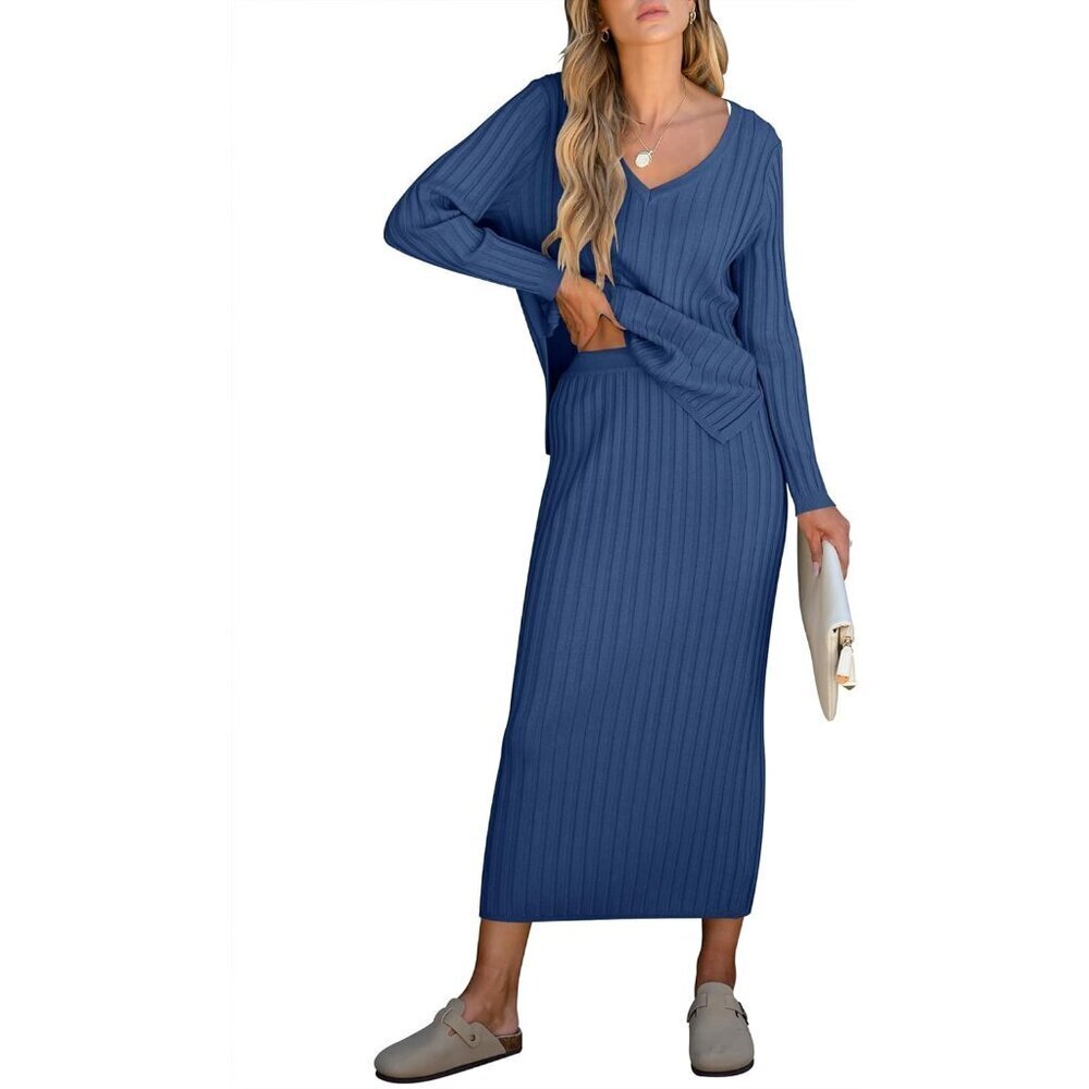 Women's Sweater Skirt Set Knit Midi Dress Casual Long Sleeve V Neck Office Wear